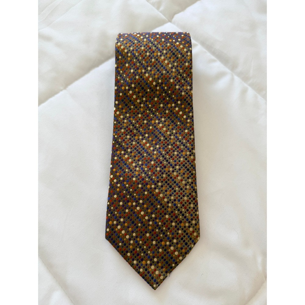 Rooster Mens Silk Necktie Olive Green Multi Color Polka Dot Pattern Professional